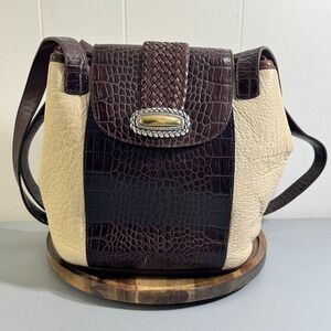Brighton Brown Croc Cream Pebbled Leather Shoulder Bag Heart Charm 995641